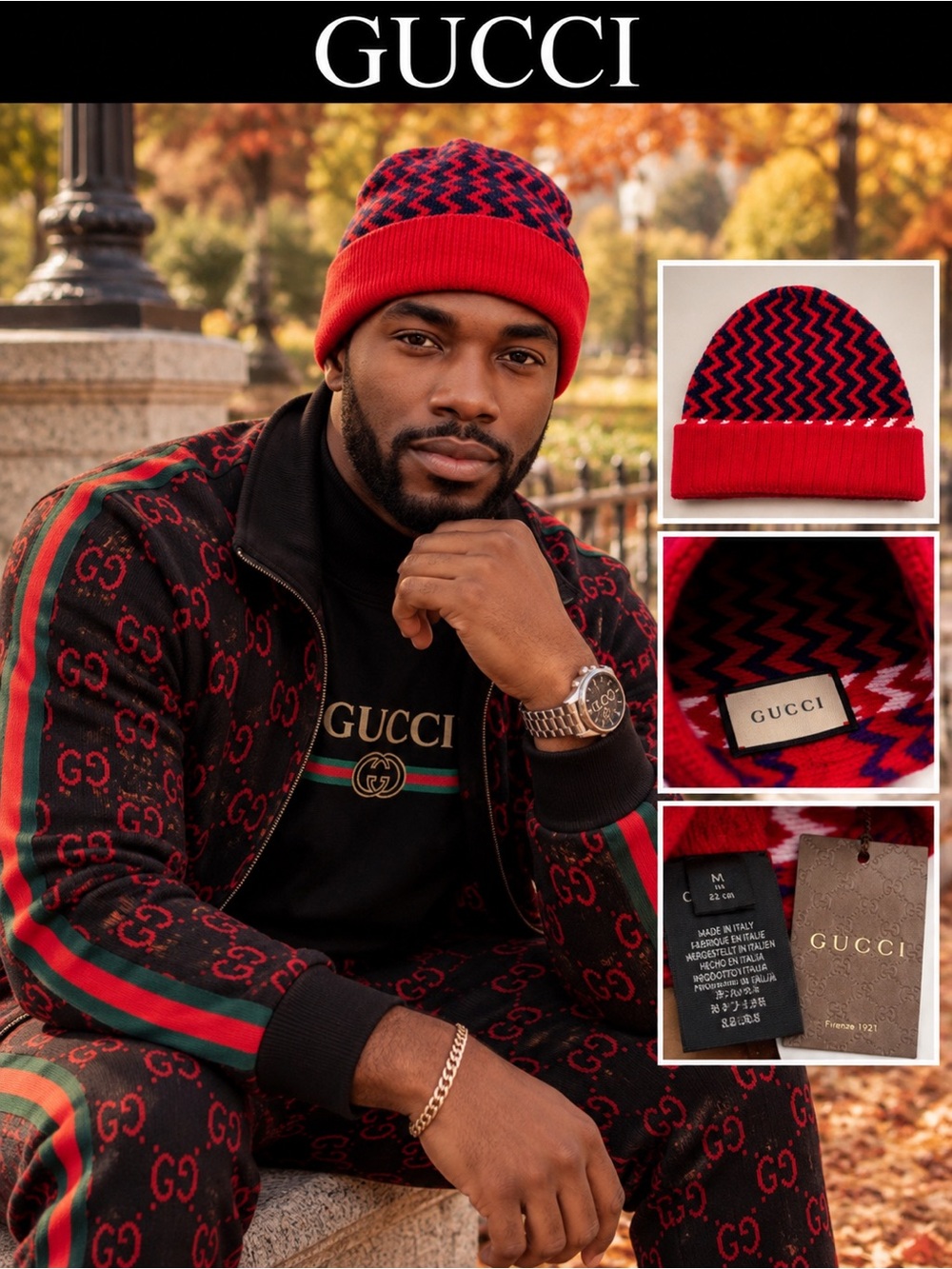GUCCI Wool Zig Zag Knit Beanie, Unisex. Authentic NWT